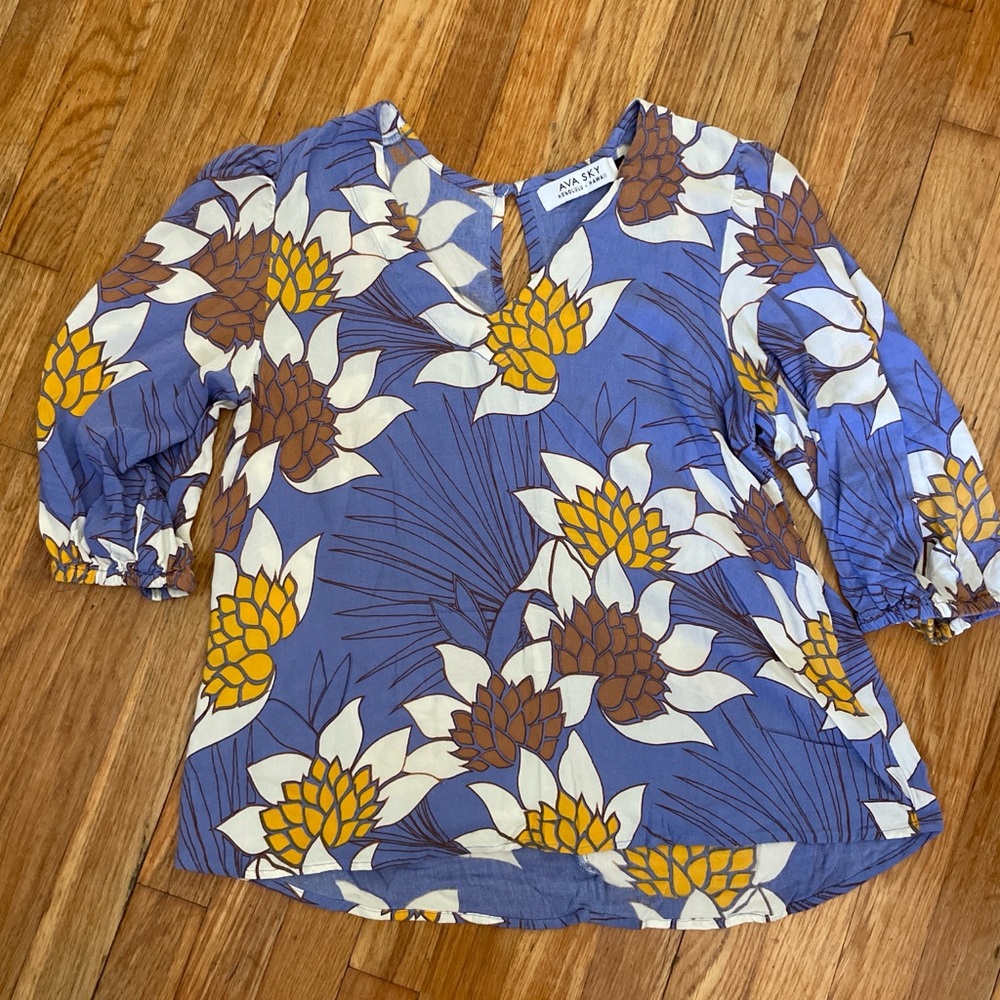 Ava Sky Lavender Floral Puff-Sleeve Blouse